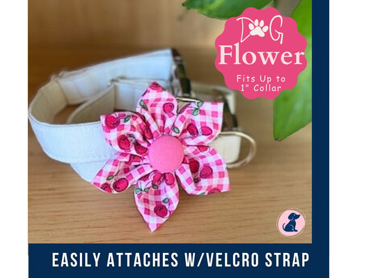Cherries Dog Collar Pink Flower Attachment by Preppy Owl Collar Co