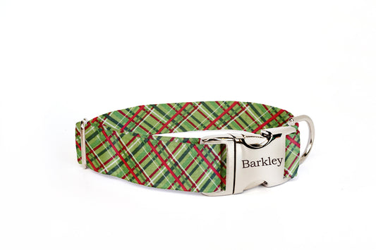 Winter Plaid Dog Collar, Christmas Green Plaid Dog Collar, Dog Collar with Name