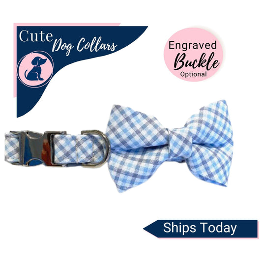 Blue & Gray Plaid Dog Collar w/Bowtie, Plaid Dog Collar with Matching Bow Tie, Gray Dog Collar with Name