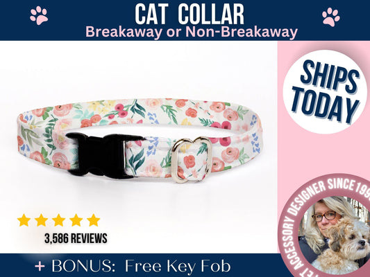 Cat Collar with Breakaway Buckle, Floral Cat Collar with Bell, XXS Dog Collar Option