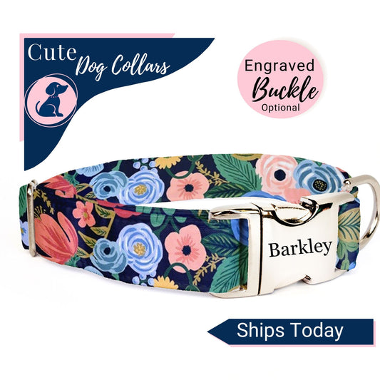 Black Dog Collar with Florals, Engraved Buckle Dog Collar, Cute Small Dog Collar, Custom Dog Collar