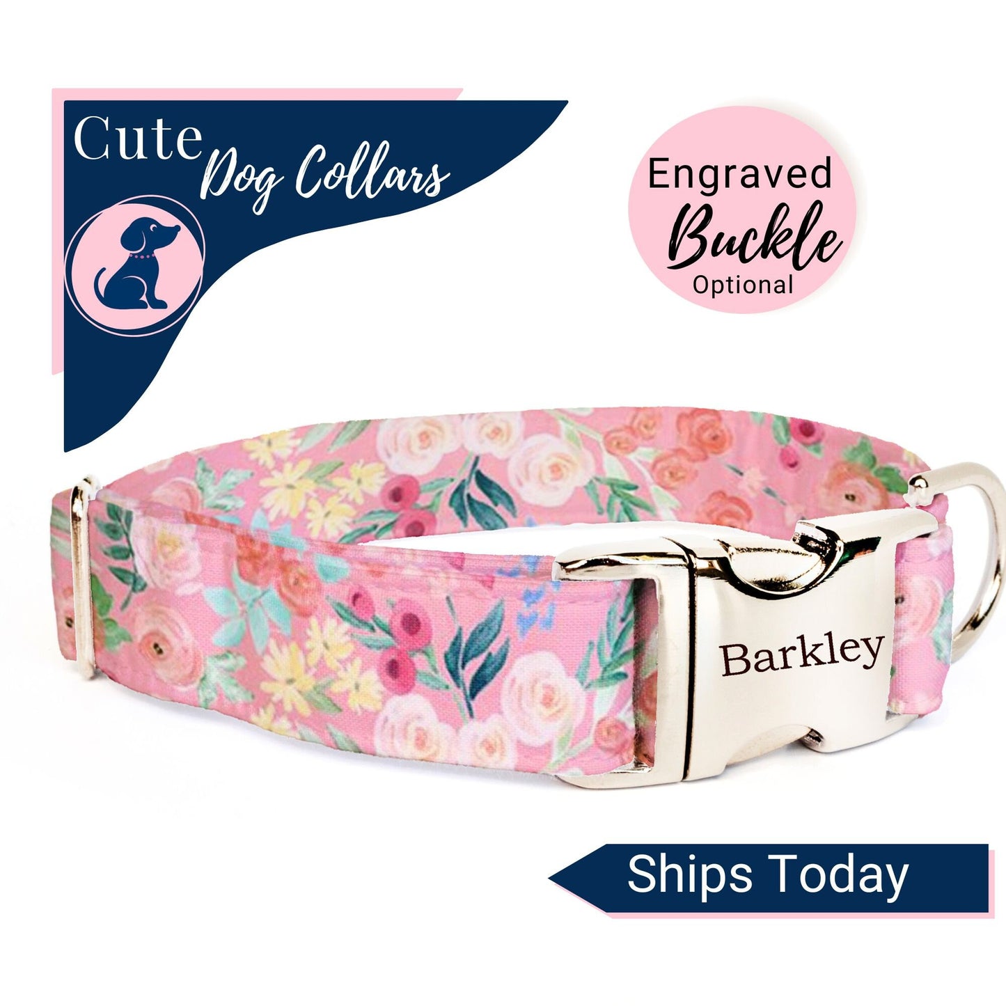 Pink Dog Collarr with Flowers, Floral Dog Collar Girl, Puppy Collar, Dog Wedding Attire, Small Dog Collar Personalized with Name