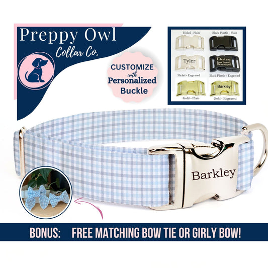 Cotton Plaid Dog Collar with Name, Custom Pet Collar Personalized with Engraved Buckle, Large Collar for Boy Puppy - FREE Bow or Bow Tie