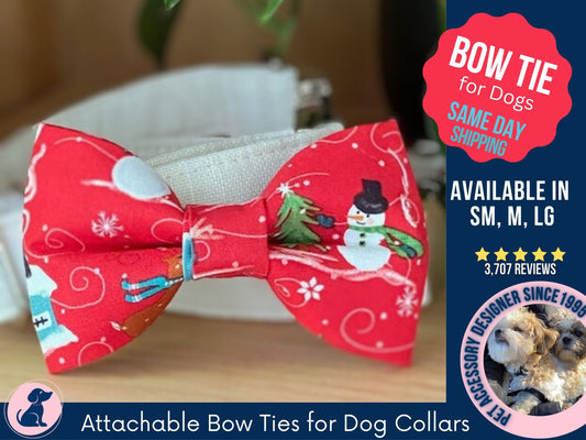 Bows for Dogs, Snowman Bow Tie for Dog Collars, Girl Dog Bow ~ Red Winter Wonderland Bowtie