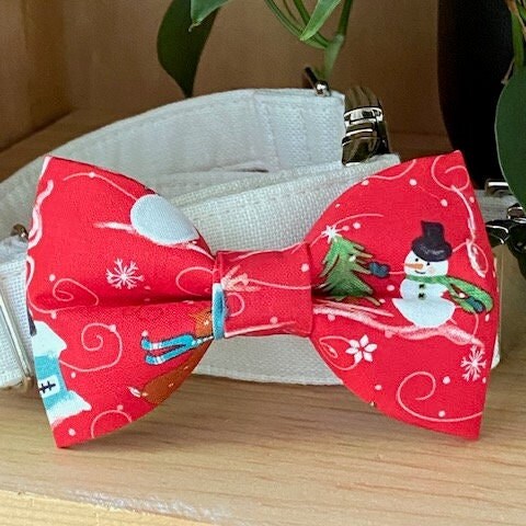 Bows for Dogs, Snowman Bow Tie for Dog Collars, Girl Dog Bow ~ Red Winter Wonderland Bowtie