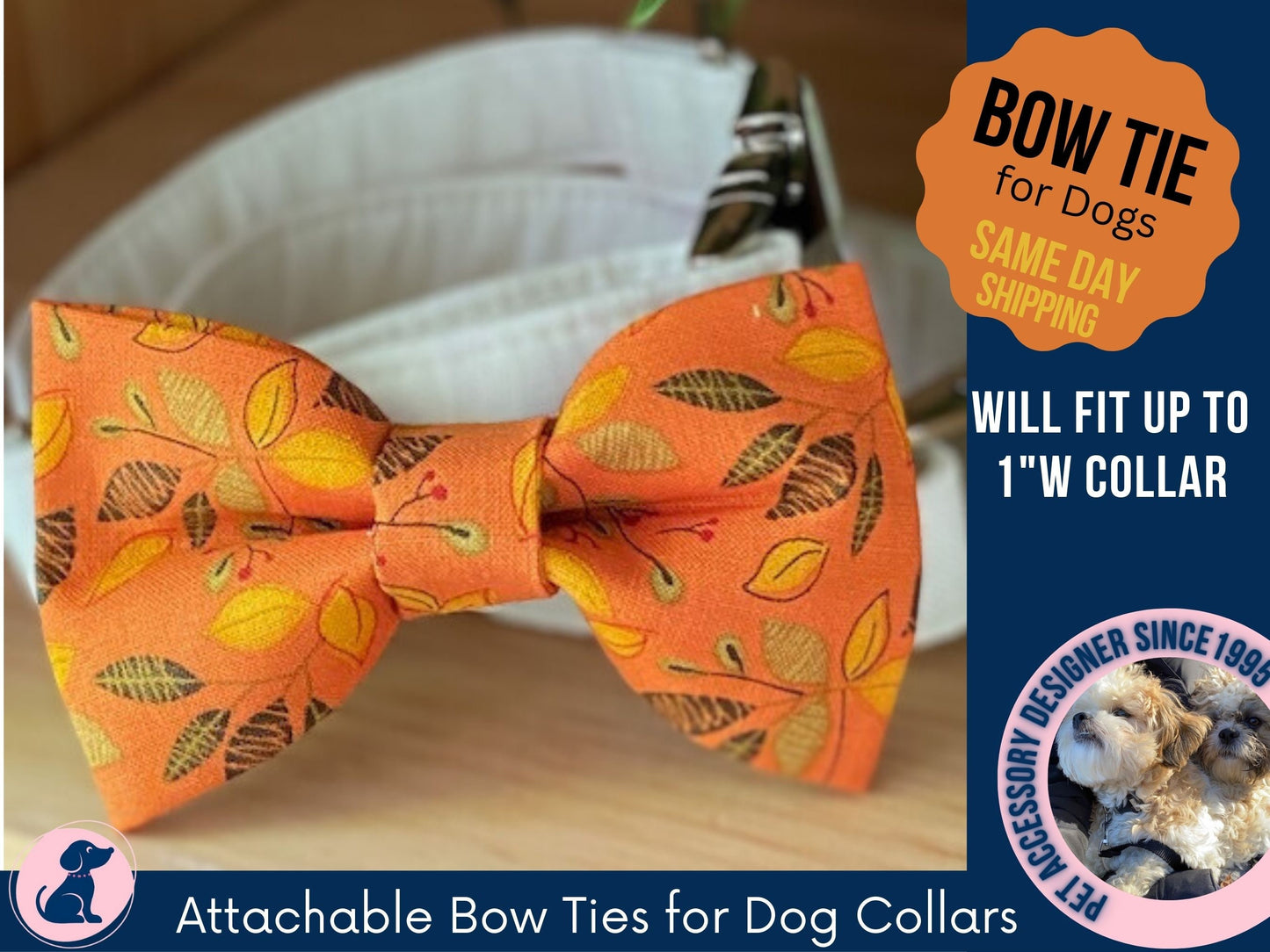 Autumn Leaves Dog Collar Bow Tie, Pet Bowtie - Orange Bow Tie Autumn Fall Leaves