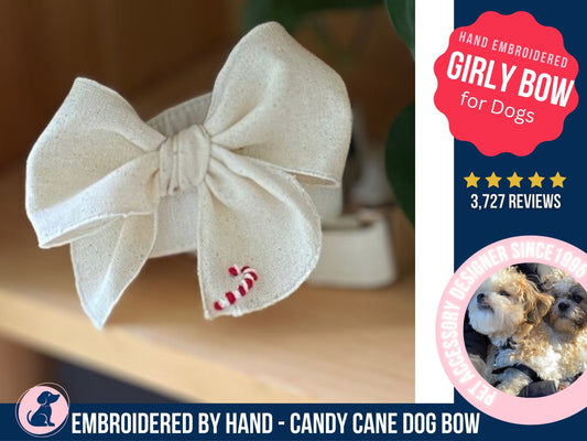 Bows for Dogs, Girl Dog Bow, Cute Dog Collar Bow, Hand Embroidered Candy Cane Dog Bow