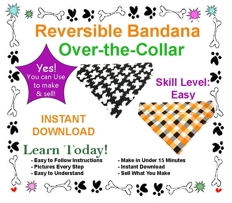 Halloween Over-the-Collar-Dog Bandana Sewing Pattern, DIY Dog Bandana, Reversible Dog Bandana Pattern PDF, Make Dog Bandanas