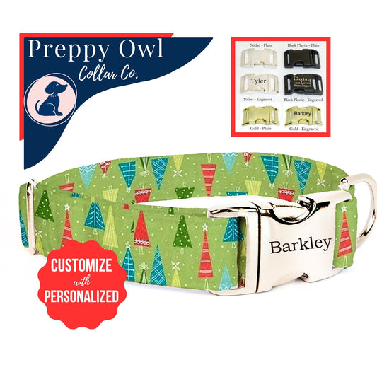 Christmas Dog Collar, Personalized Holiday Dog Collar - Christmas Trees Fabric Pet Collar