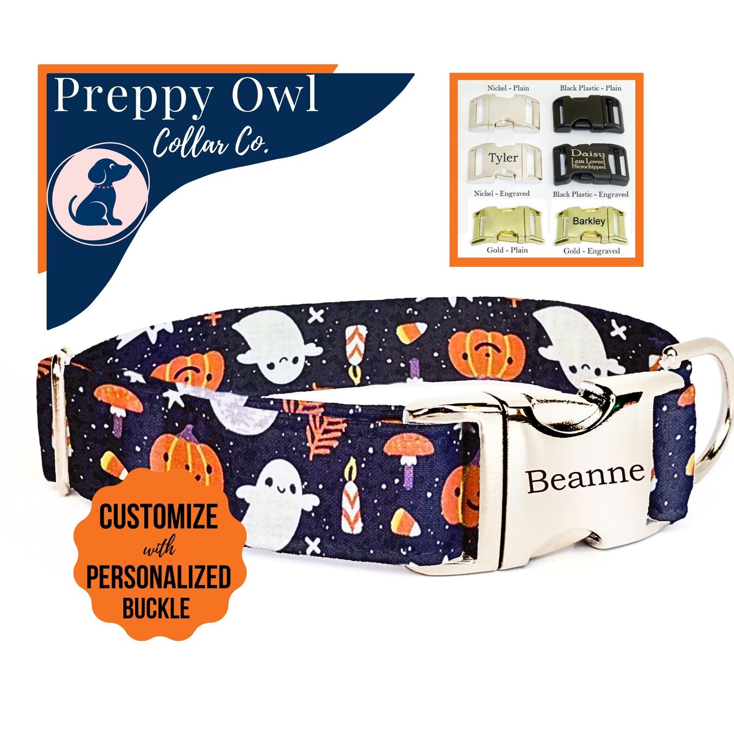 Halloween Ghosts Pumpkins Dog Collar, Male Dog Collar, Girl Dog Collar ~ Happy Halloween Ghosts Fabric Dog Collar