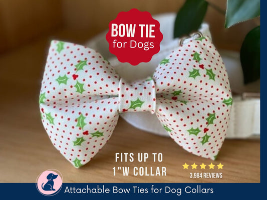 Christmas Dog Bow Tie, Christmas Dog Collar Bow Tie, Xmas Puppy Bow Tie - Polka Dot Holiday Holly Pet Bowtie