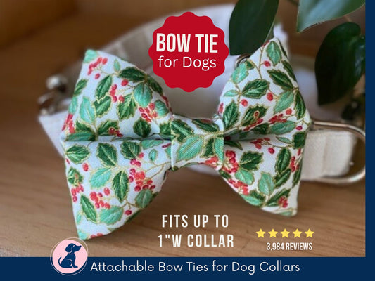 Christmas Dog Bow Tie, Christmas Dog Collar Bow Tie, Xmas Puppy Bow Tie - Golden Holiday Holly Pet Bowtie