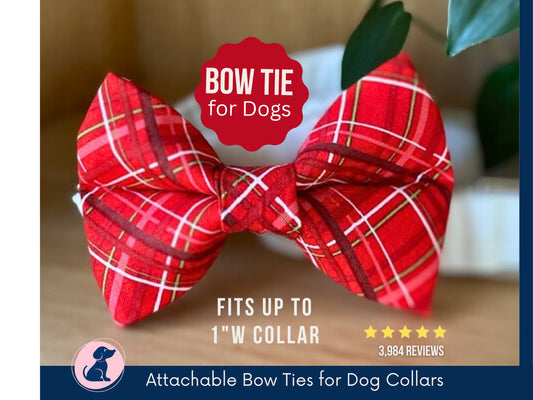 Christmas Dog Bow Tie, Dog Collar Bow Tie, Plaid Puppy Bow Tie - Plaid Red Pet Bowtie