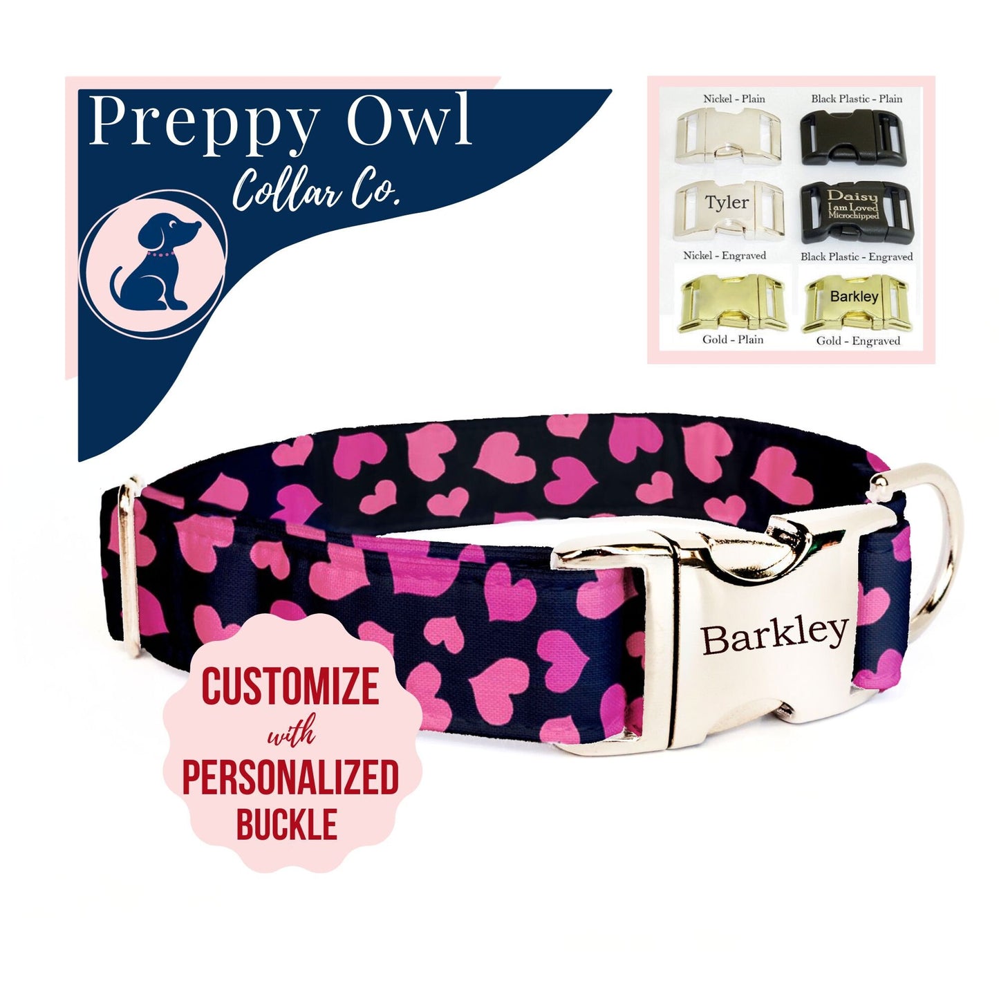 Valentines Pink Purple Heart Dog Collar Engraved -Hearts