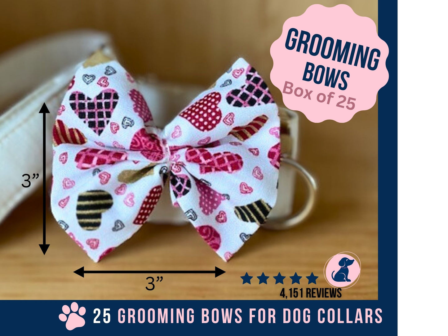 Valentine Bow Ties for Dogs, Dog Grooming Love Bows, Patchwork Heart Bows for Dog Groomers
