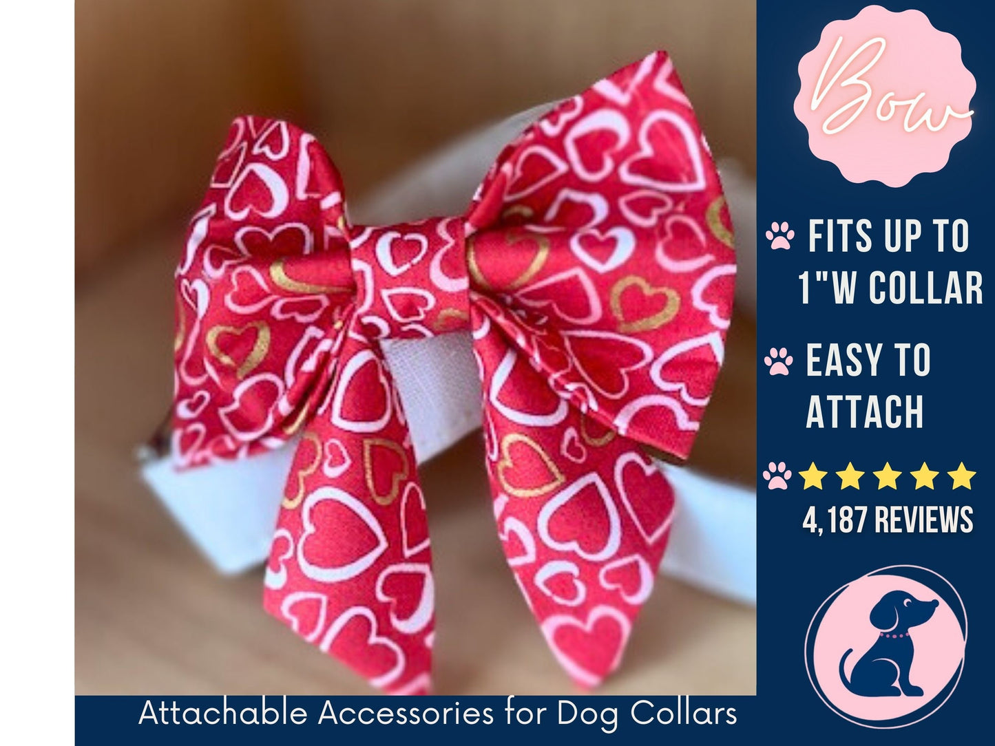 Valentine Hearts Sailor Bow for Dog Collar - Girly Bow for Red Hearts Bow Tie Pet Collar