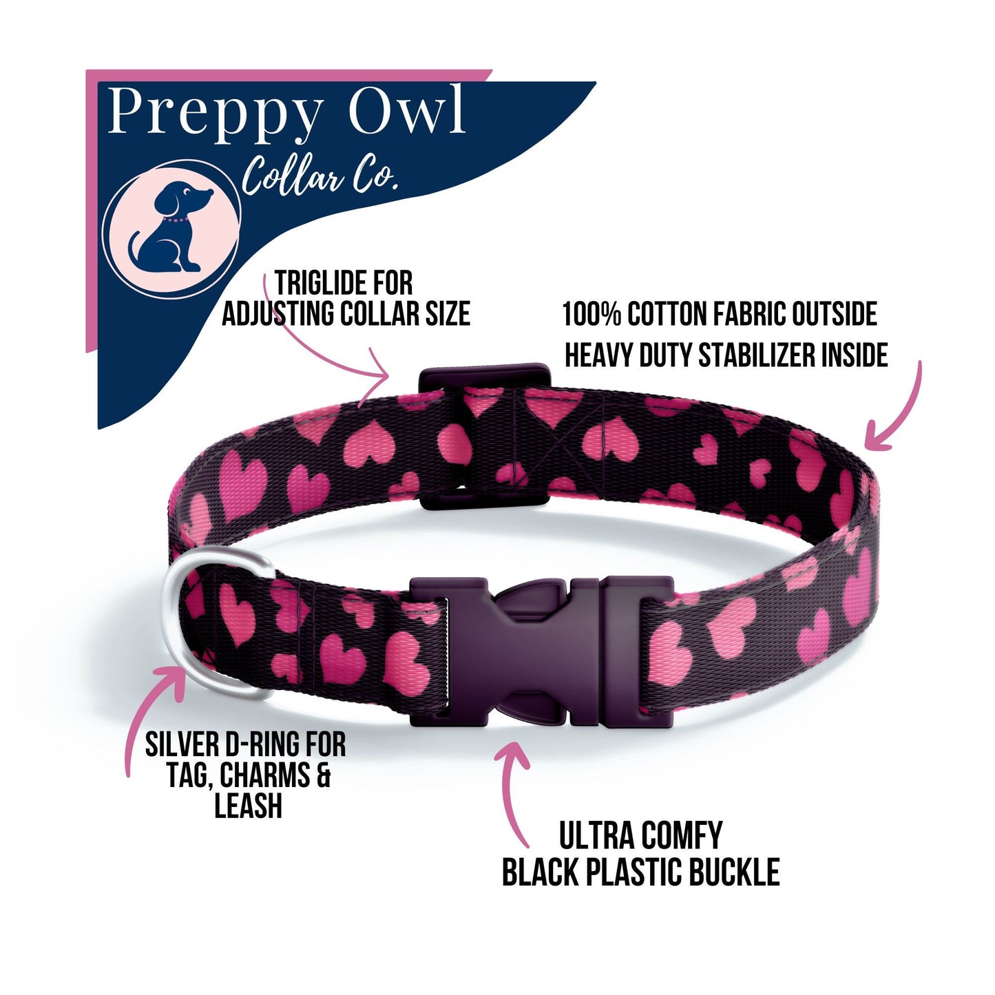 Valentines Dog Collar, Love Hearts Pet Collar, Adjustable Collar for Girl, Holiday Boy Dog Collar, Personalized Dog Collar