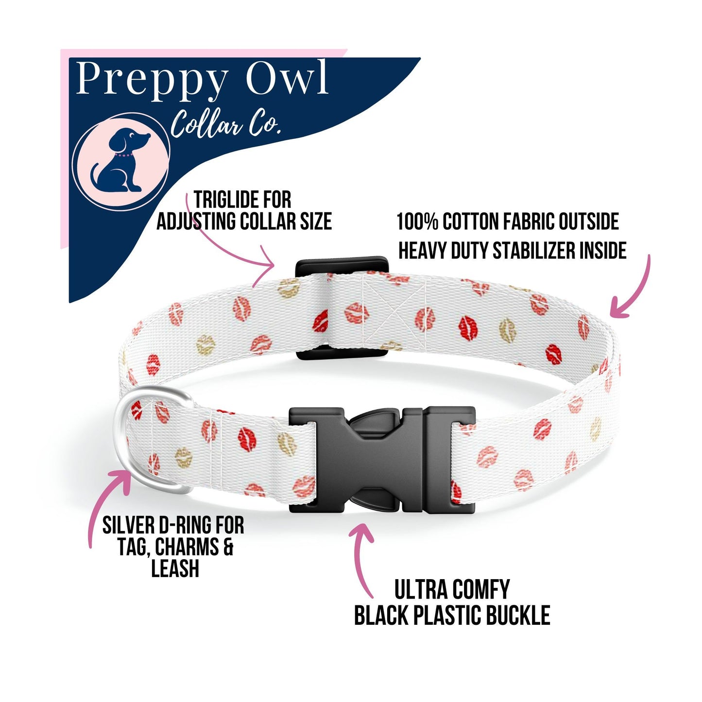 Valentines Lips Dog Collar, Kisses Pet Collar, Adjustable Collar for Girl Dog, Holiday Boy Dog Collar, Personalized Dog Collar ID Tag
