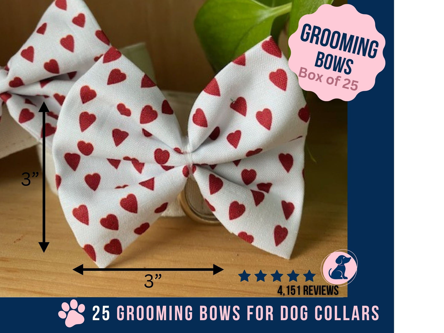 Valentine Bow Ties for Dogs, Box of 25, Dog Groom Love Bows, Red Heart Bows for Dog Groomers