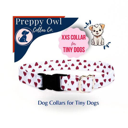 Tiny Dog Collar Valentine Red Hearts, Teacup Cute Dog Collar, Thin Hearts Dog Collar, Dainty Dog Collar, Whelping Collar - Hearts Red