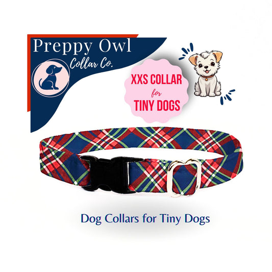 Tiny Dog Collar, XXS Dog Collar, Plaid Pet Collar, Dog Collar Boy, Cute Blue Puppy Collar