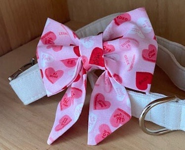 Valentine Love Hearts Sailor Bow for Dog Collar - Girly Bow for Pet Collar Love Messages