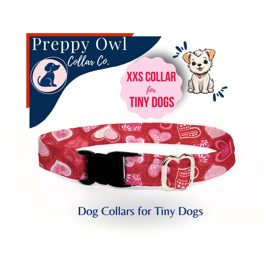 Tiny Dog Collar Valentine Red, Teacup Cute Dog Collar, Thin Sweet Hearts Dog Collar, Dainty Dog Collar, Whelping Collar - Hearts on Fire