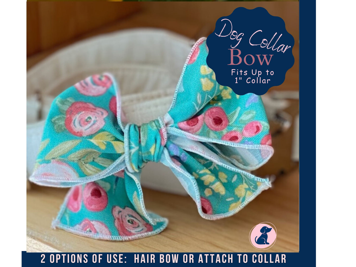 Summer Bows for Dogs, Girl Dog Bow Aqua Floral, Cute Dog Collar Bow, Dog Grooming Bows, Dog Hair Bows Pink