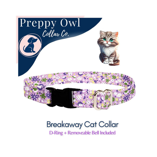 Cat Collar Breakaway, Kitten Collar, Breakaway Cat Collar, Cat Collar with Bell, Purple Floral Kitty Collar