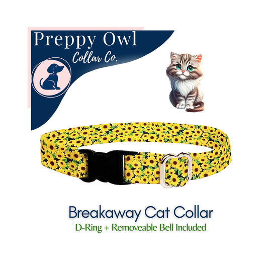 Cat Collar Breakaway, Kitten Sunflower Collar, Breakaway Cat Collar, Cat Collar Tag with Bell, Yellow Kitty Collar Girl