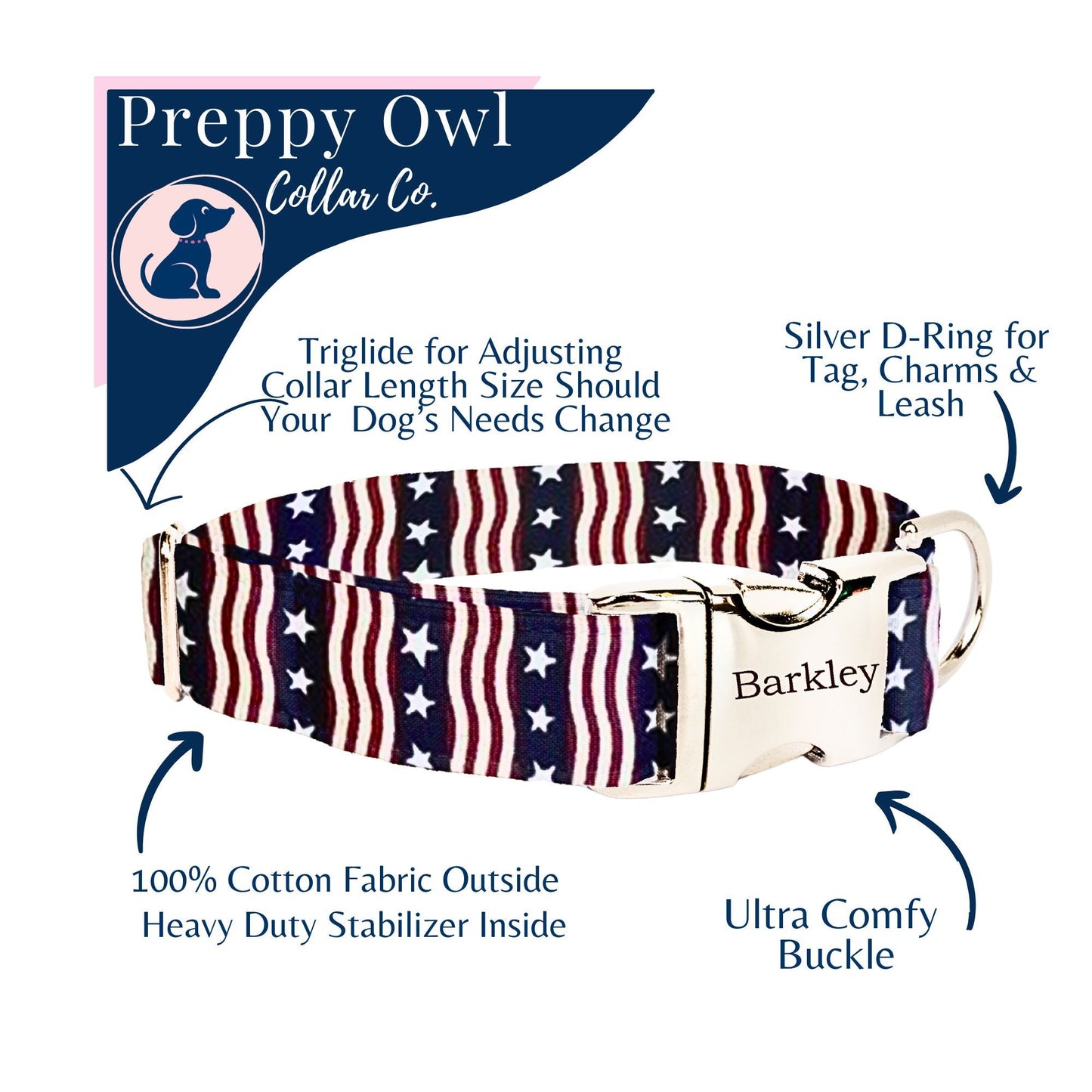 Personalized Patriotic Dog Collar with Name, 4th of July Dog Collar for Boy or Girl, Custom Engraved Dog Collar