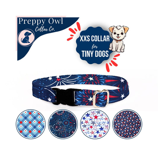 Tiny Dog Collar Patriotic, Teacup Dog Collar, Thin Dog Collar, 4th of July Dog Collar, Cute Dog Collar - FREE Removeable Bow Included
